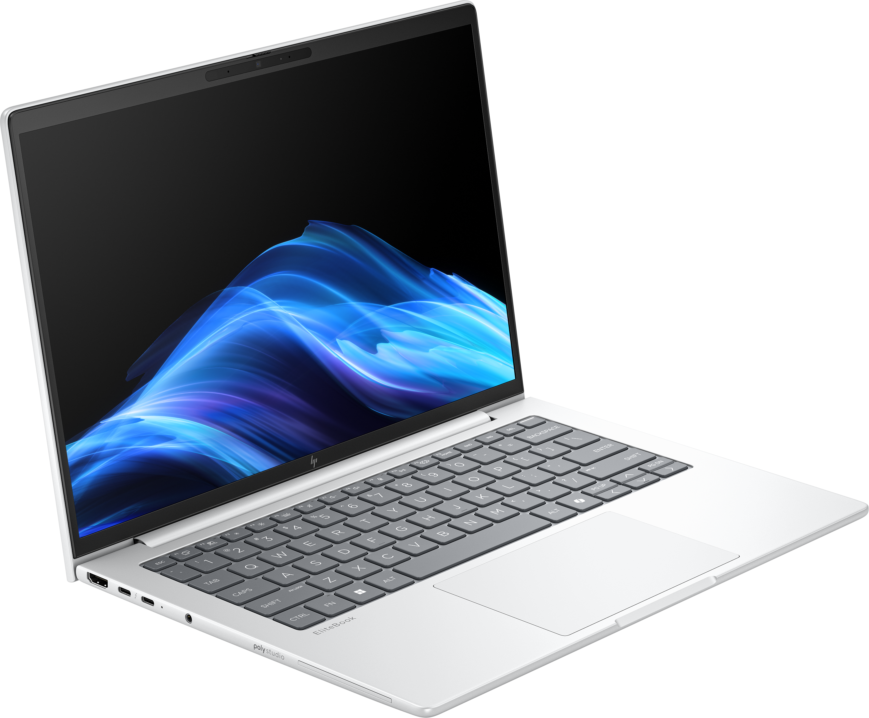 Ein silberner Laptop auf schwarzem Hintergrund. Der Bildschirm zeigt ein abstraktes blau-weißes Design. Tastatur sichtbar.
