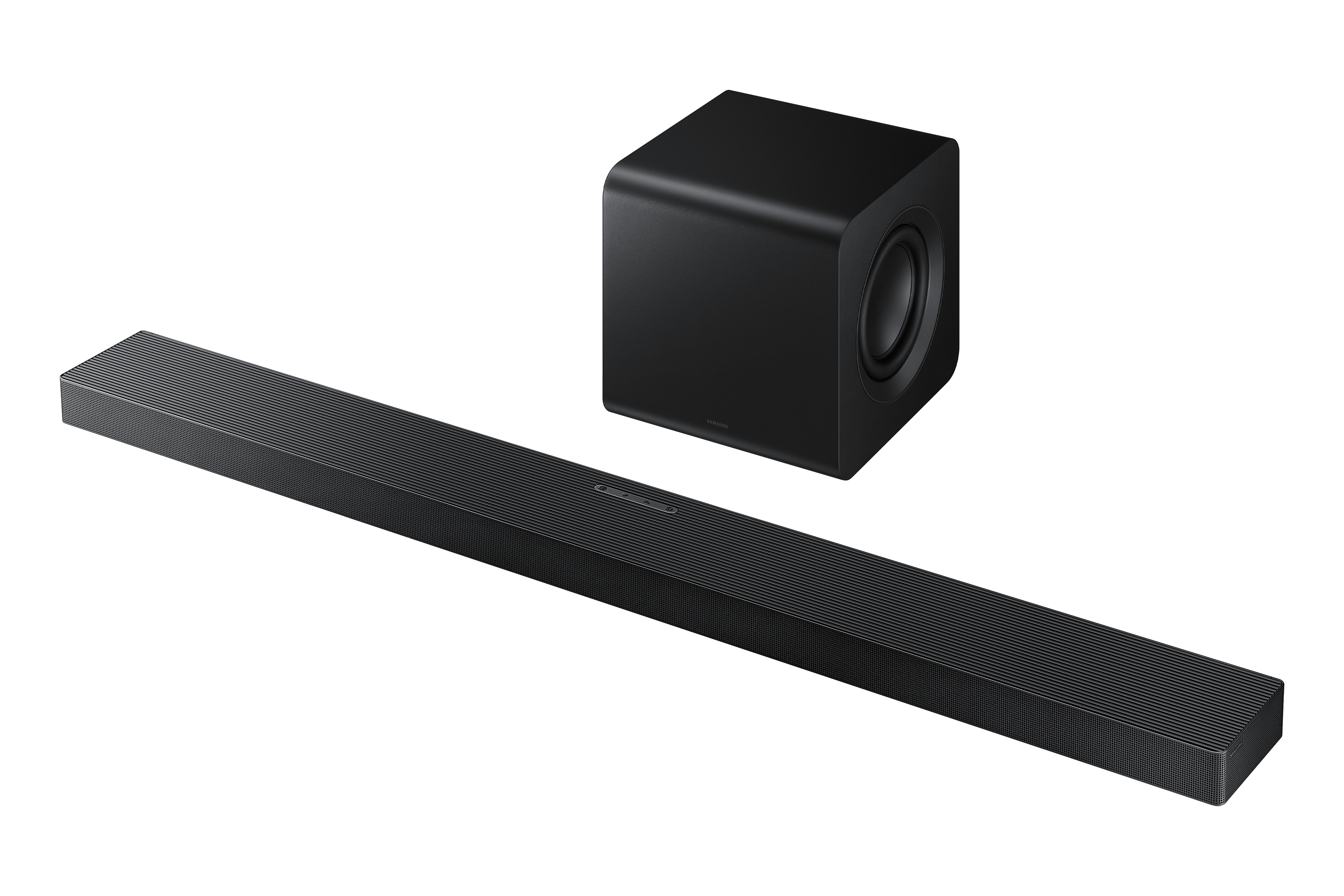 Siyah bir soundbar ve subwoofer siyah bir arka planda sergileniyor. Soundbar uzun ve dikdörtgen.