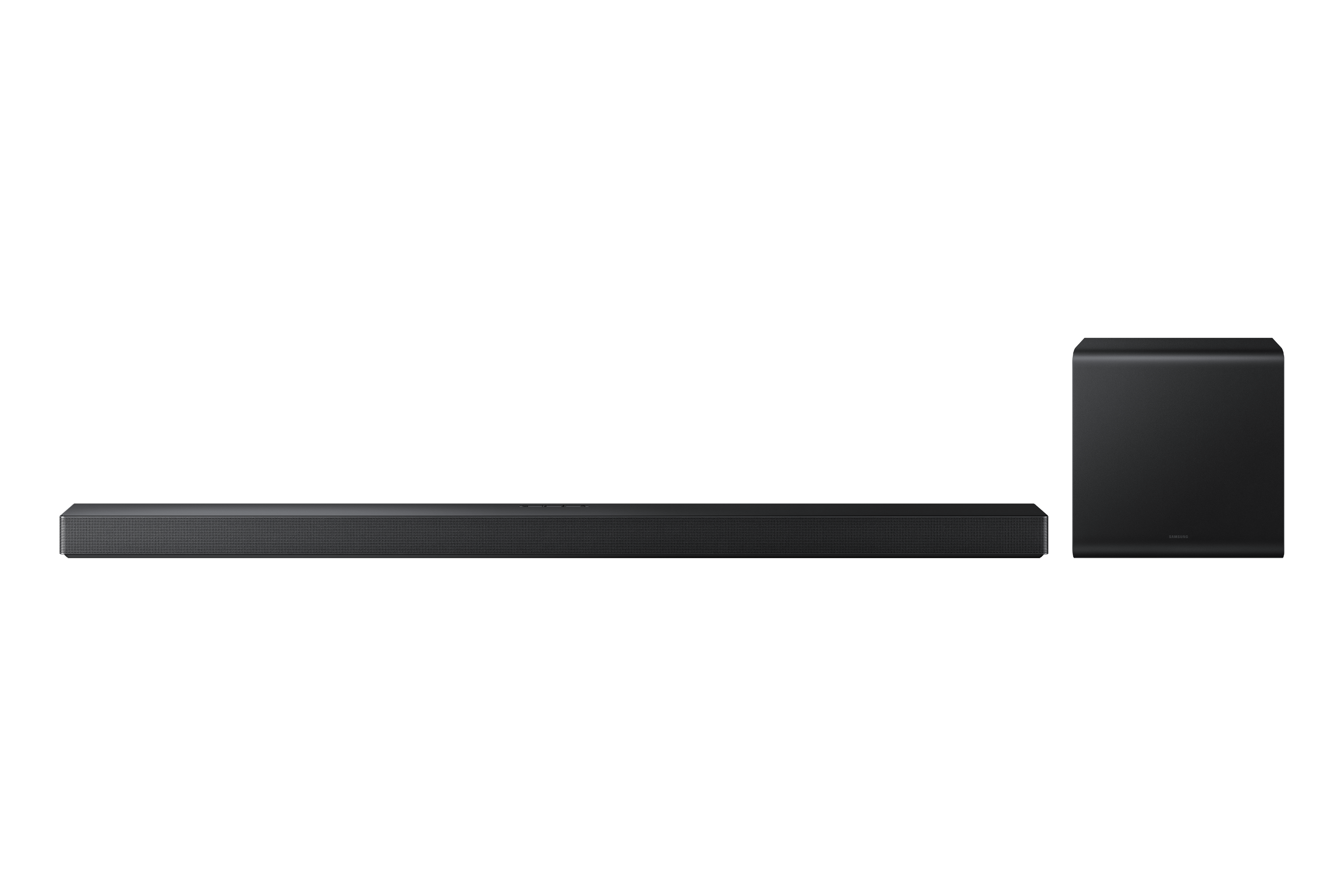 Siyah bir soundbar ve subwoofer siyah bir arka planda. Soundbar uzun, subwoofer kutu gibi.