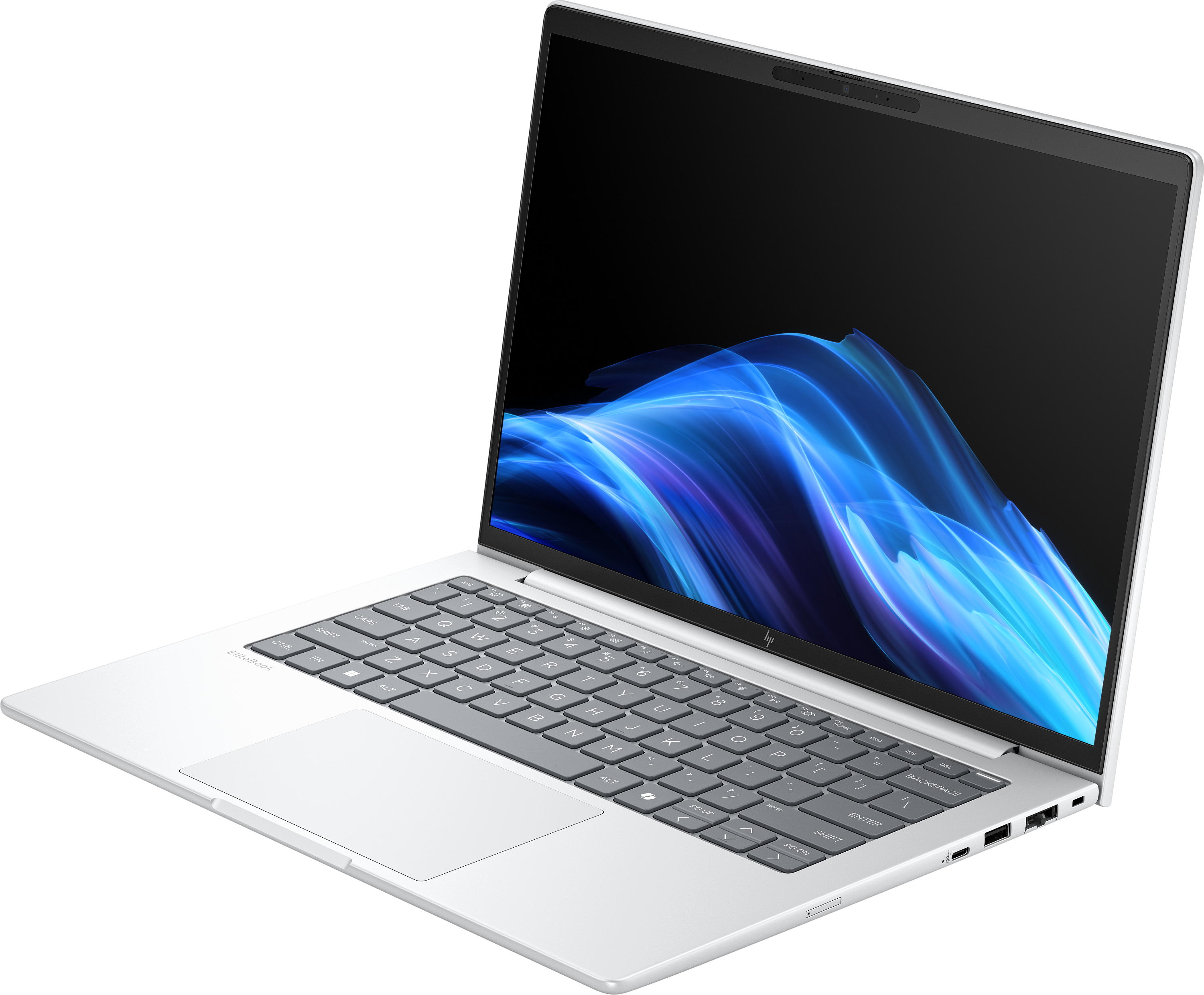Ein silberner Laptop ist geöffnet und zeigt ein blaues Wellendesign auf dem Bildschirm. Die Tastatur ist sichtbar.