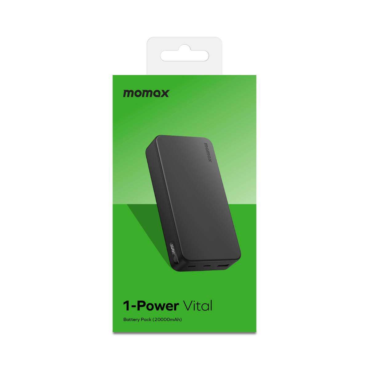 Yeşil ve beyaz bir ambalaj üzerinde siyah bir Momax 1-Power Vital pil paketi. Paket, %100 gösteren bir ekranla dikdörtgen şeklindedir.