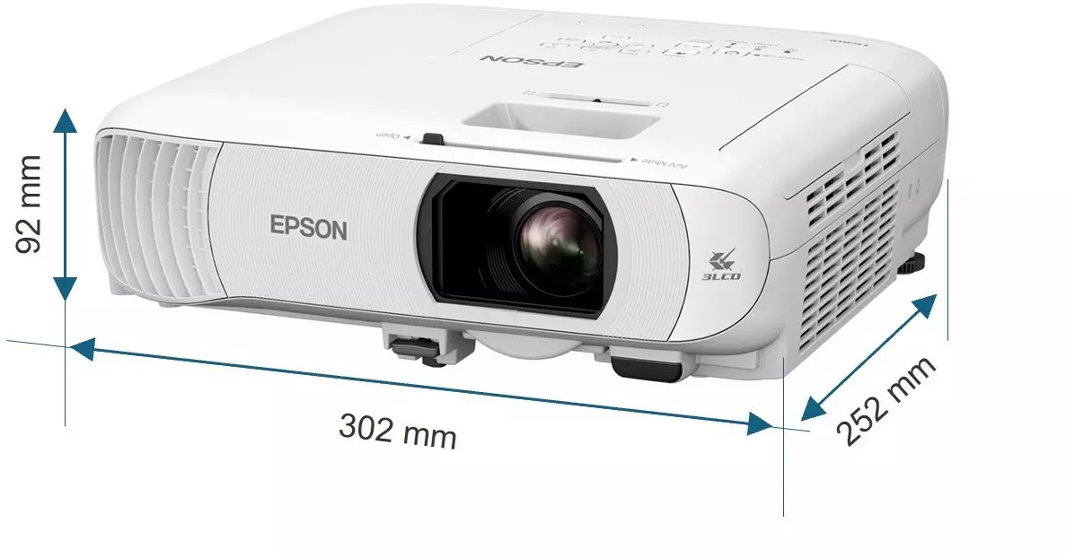 Fehér Epson projektor méretekkel. Lencséje, szellőzőnyílásai és az Epson logója látható. Méretek: 302x252x92mm.