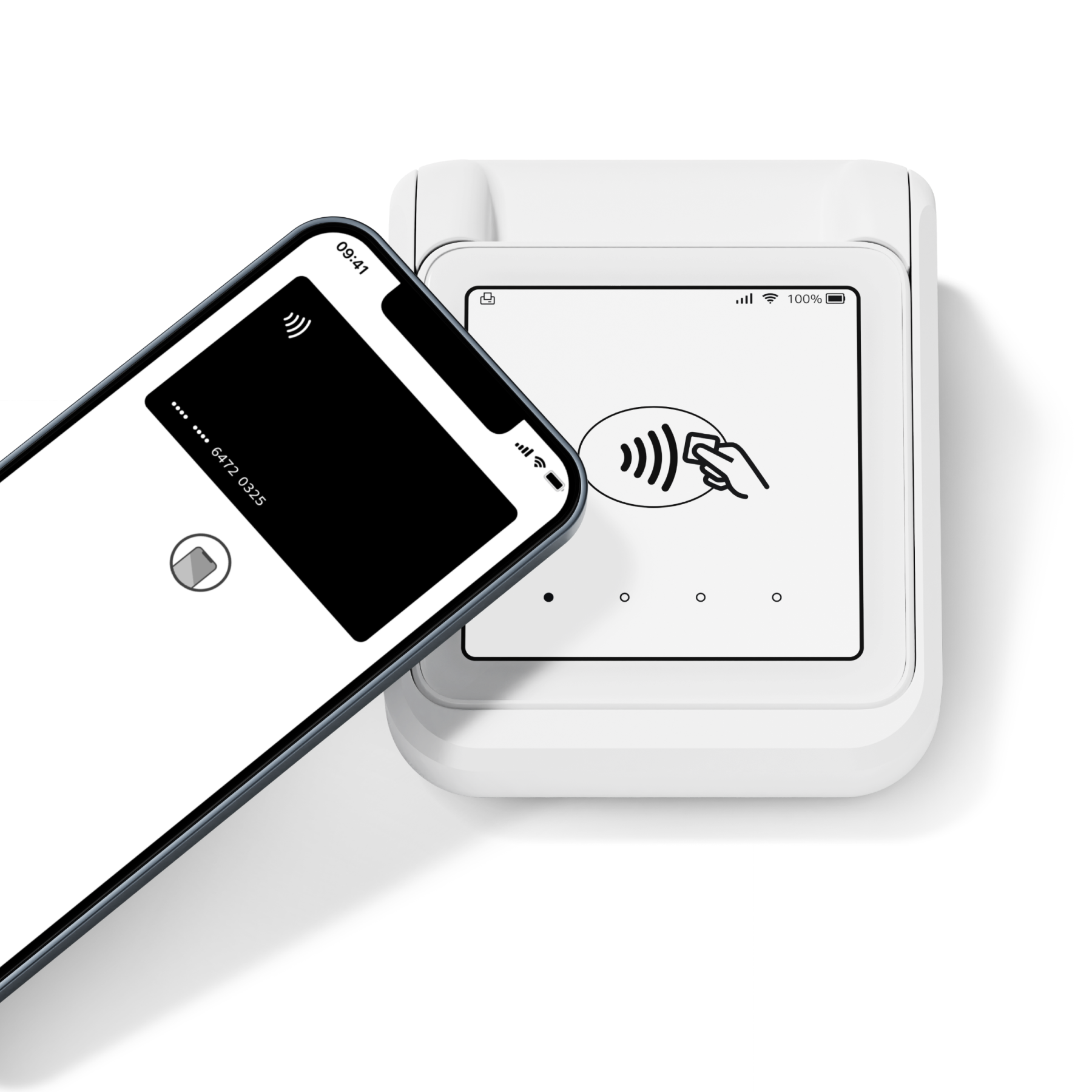 Ein Smartphone mit schwarzem Bildschirm, der eine Kreditkarte anzeigt, wird in der Nähe eines weißen Zahlungsterminals gehalten, das ein NFC-Zahlungssymbol zeigt.