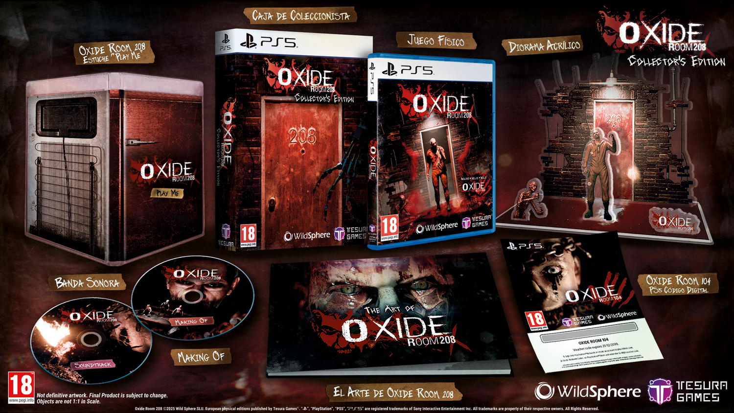 Imagen promocional de Oxida Room 208 Collector's Edition. Incluye caja del juego, diorama acrílico, banda sonora, libro de arte y código PS5.