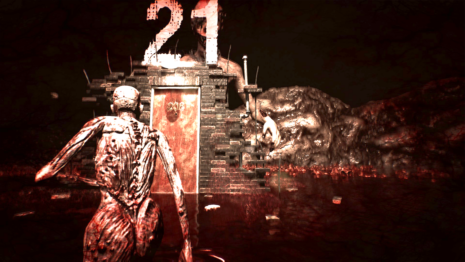 Una figura con músculos expuestos se encuentra ante una estructura decrépita. Una puerta dice '208'. La escena es oscura, con un charco de sangre.