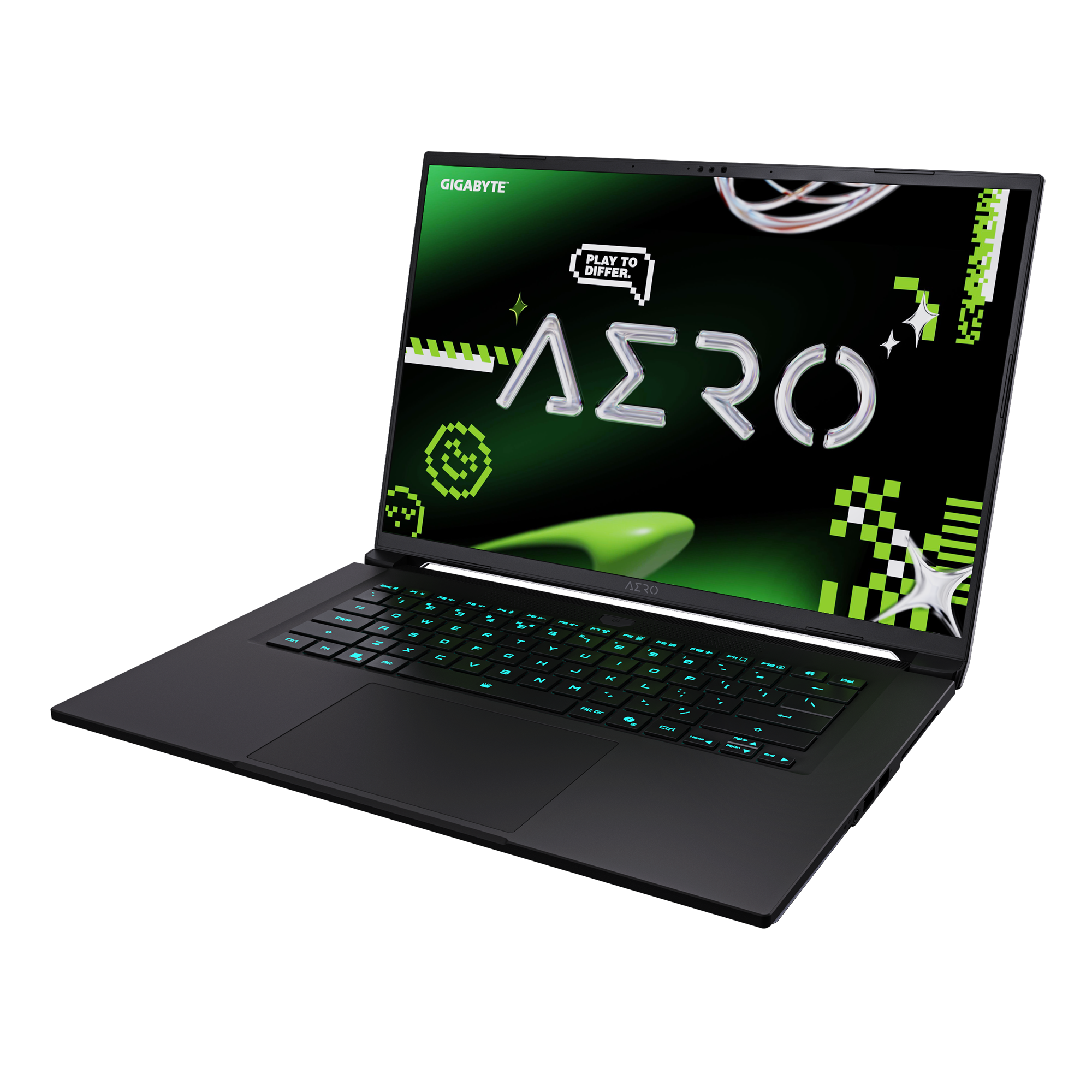 Portátil negro con teclado retroiluminado verde. La pantalla muestra un fondo verde con la palabra AERO y gráficos verdes.
