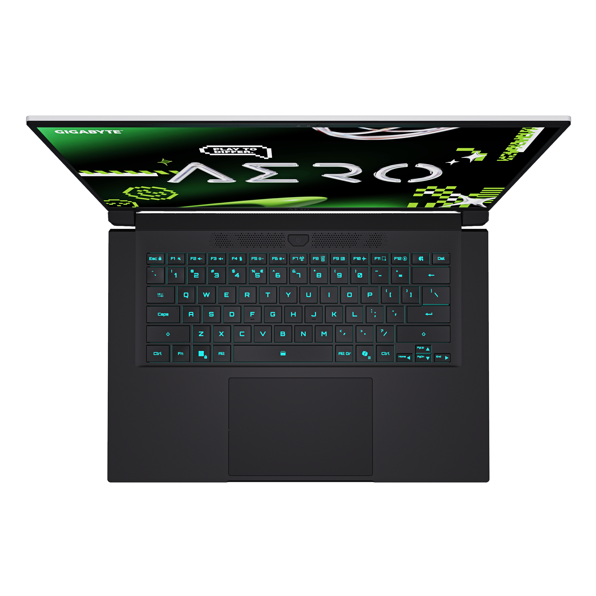 Portátil negro con teclado retroiluminado verde. Pantalla con la palabra AERO, fondo verde y logo Gigabyte.