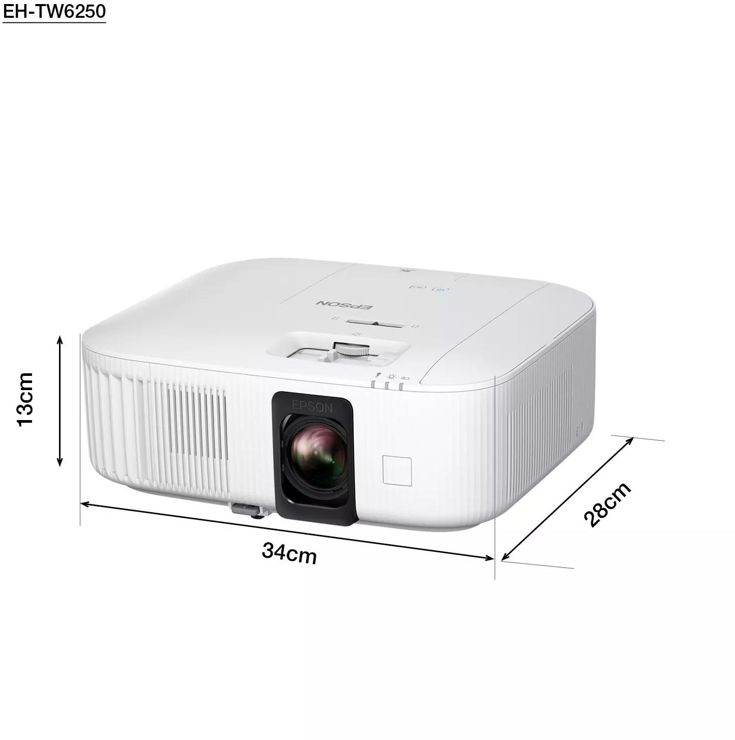 Fehér Epson projektor méretekkel. Lencséje, szellőzőnyílásai és vezérlőgombjai vannak. A képen méretek láthatók.