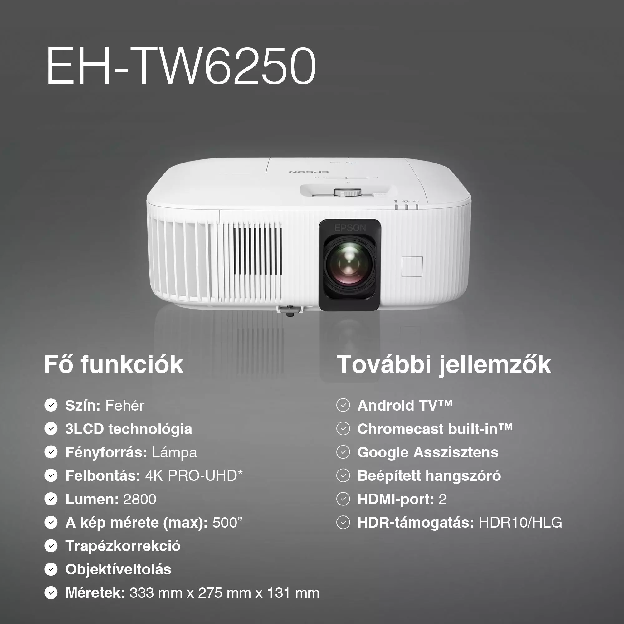 Fehér Epson EH-TW6250 projektor. Jellemzői: 4K PRO-UHD, Android TV és beépített Chromecast. A szöveg felsorolja a funkciókat.
