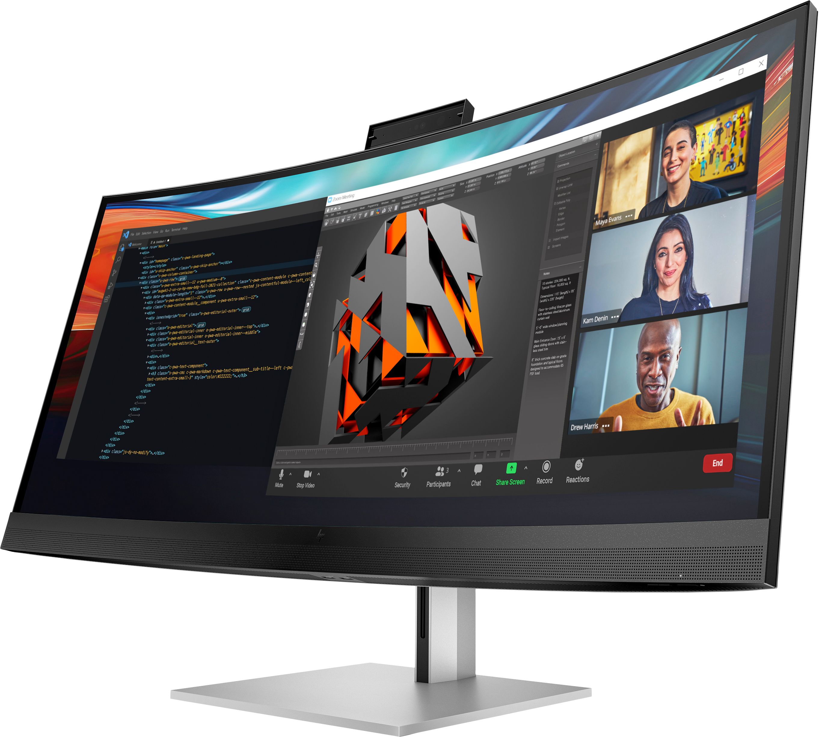Gebogener Monitor zeigt Zoom-Meeting mit drei Teilnehmern, Code und 3D-Modell.