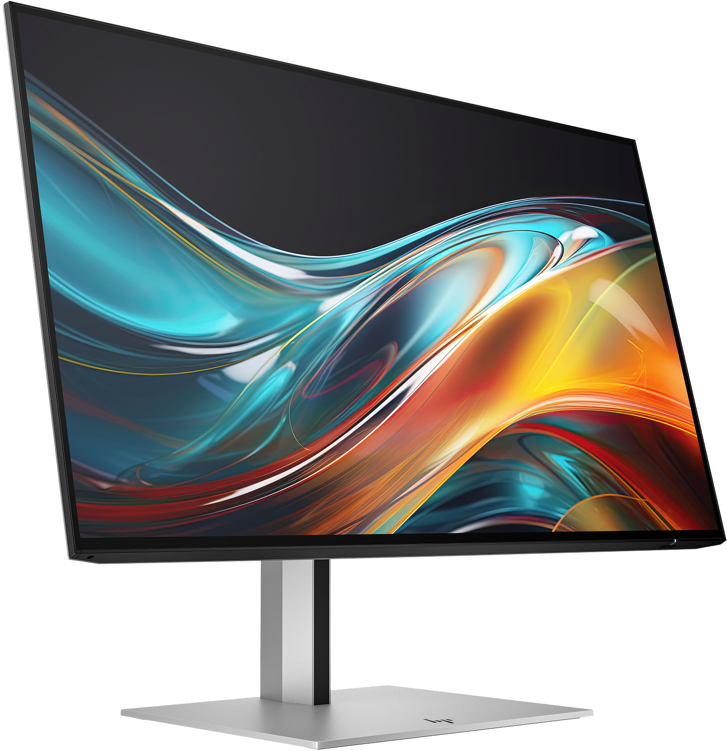 Ein moderner Computermonitor mit elegantem Design. Der Bildschirm zeigt farbenfrohe, abstrakte Kunst. Der Ständer ist silberfarben und quadratisch.