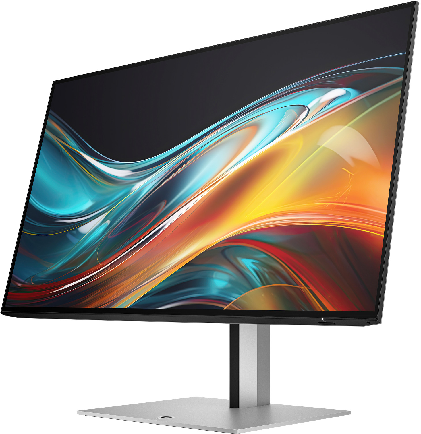 Ein geneigter Computermonitor mit farbenfroher, abstrakter Anzeige. Er hat einen silbernen Ständer und einen schwarzen Rahmen. Der Hintergrund ist weiß.