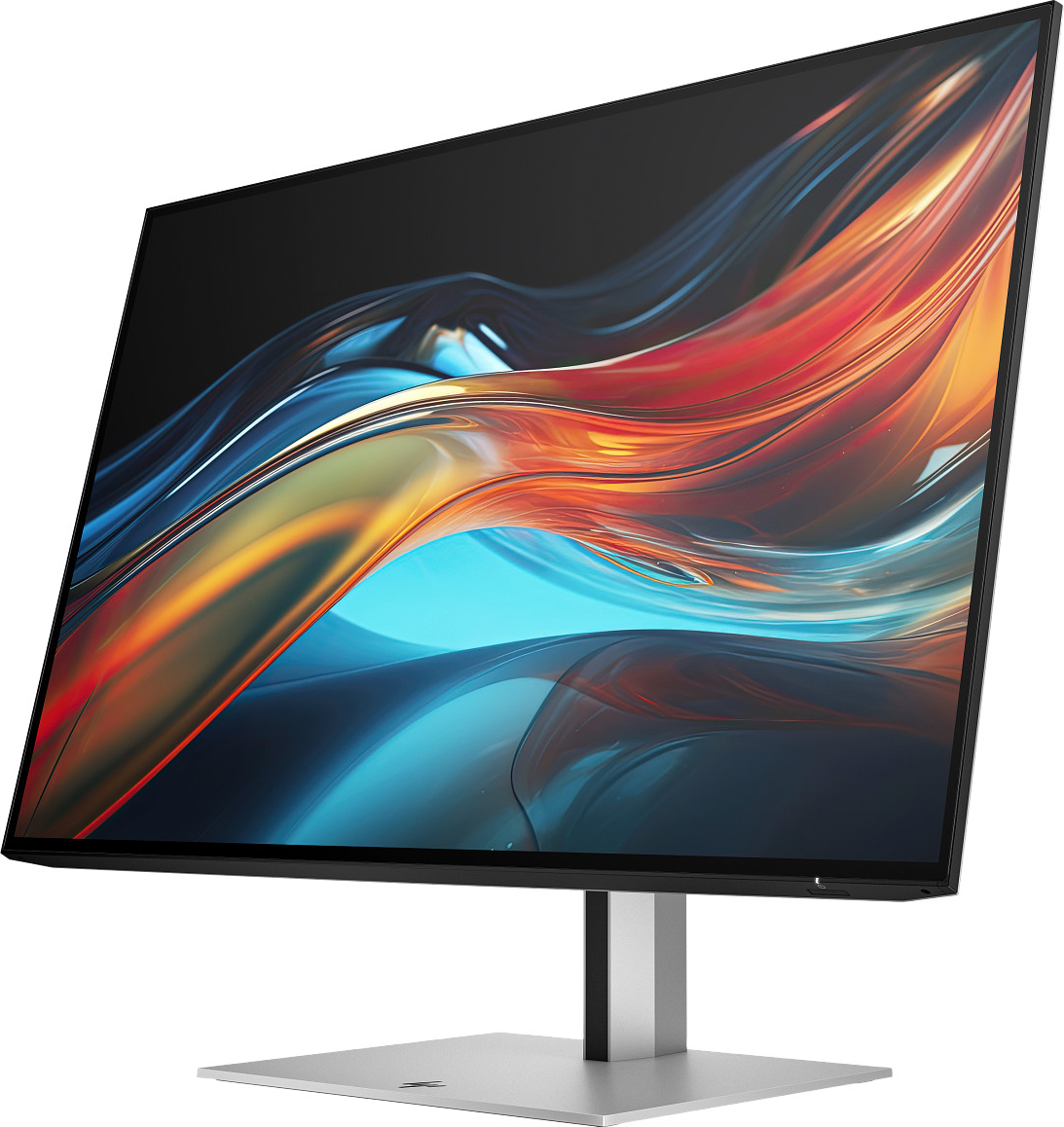 Ein geneigter Computermonitor mit farbenfroher abstrakter Anzeige, unterstützt von einem silbernen Ständer. Der Bildschirm zeigt blaue, orange und rote Streifen.