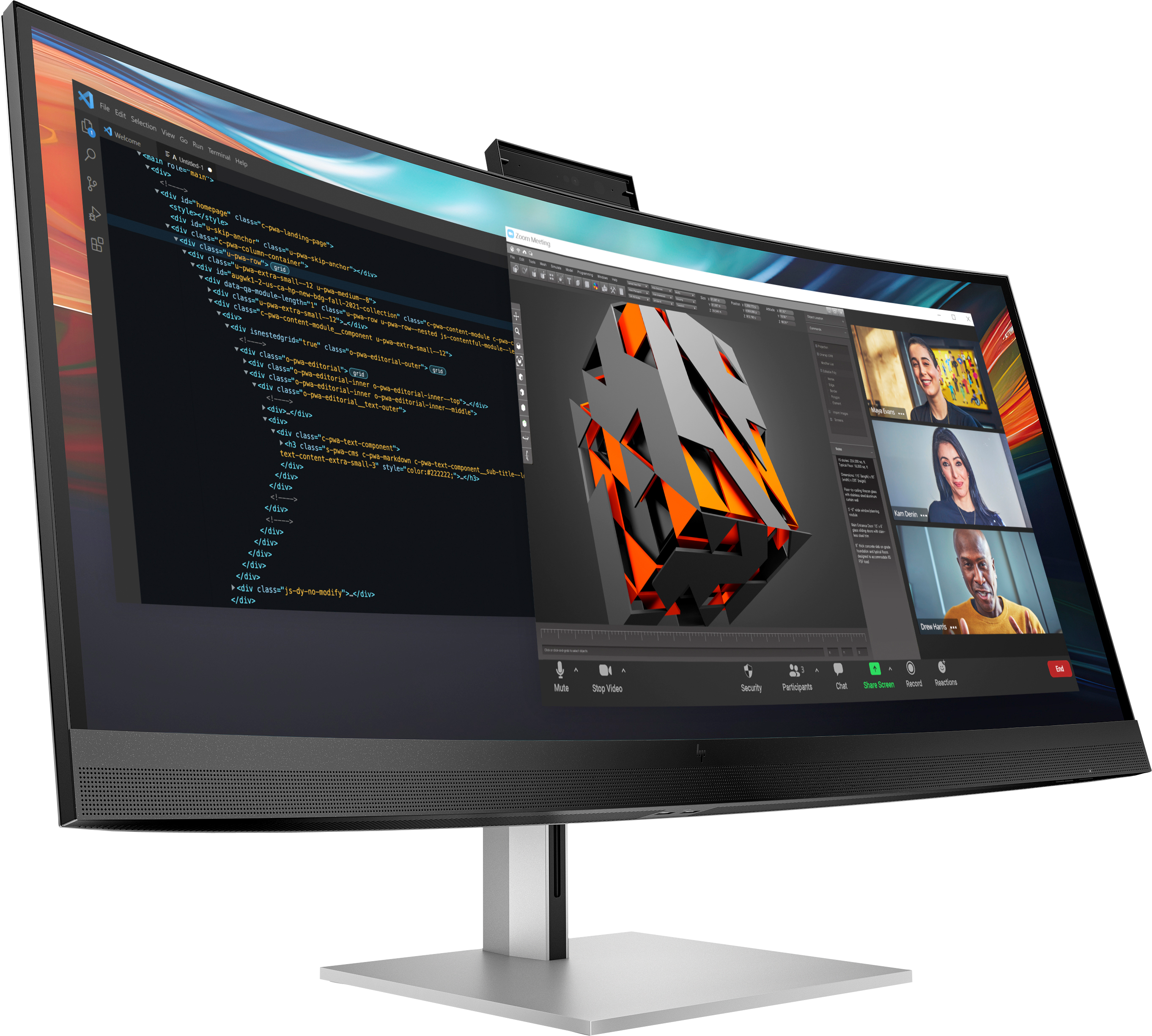 Gebogener Monitor zeigt Code, 3D-Modell und Zoom-Meeting. Personen sind im Meeting sichtbar.