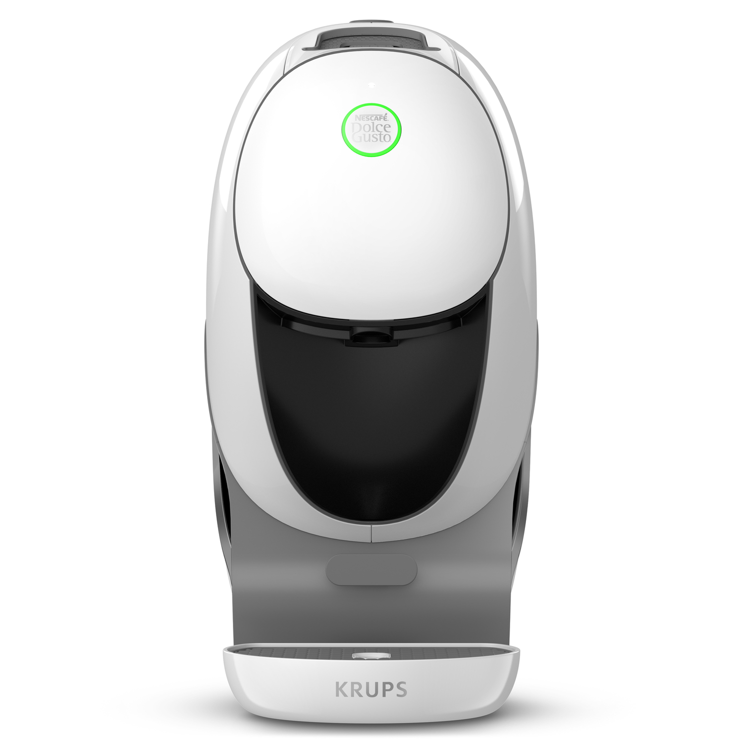 A white and grey Krups Dolce Gusto coffee machine. It features the Dolce Gusto logo and a black central area. The base says KRUPS.