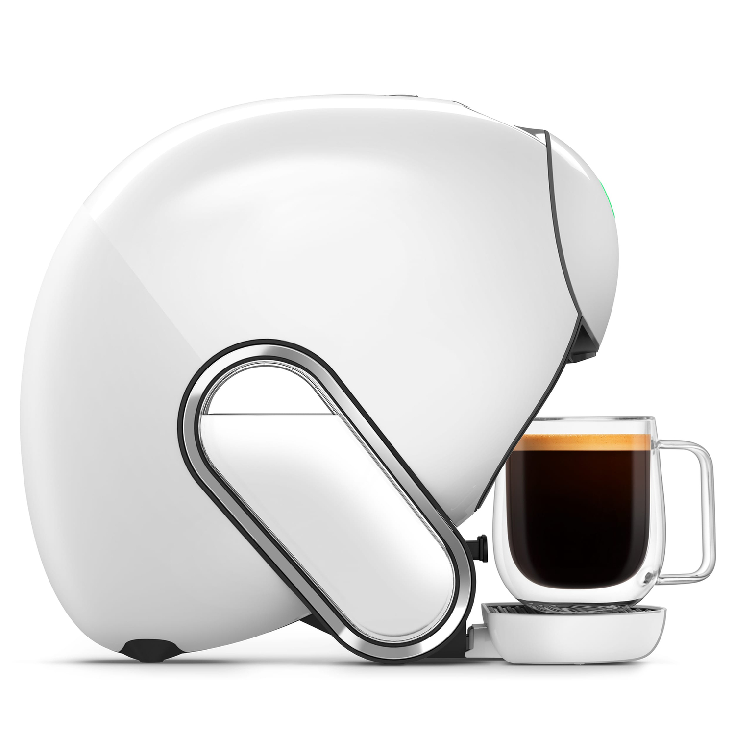 A white coffee machine with a glass cup of coffee. The machine has a water reservoir and a chrome trim.