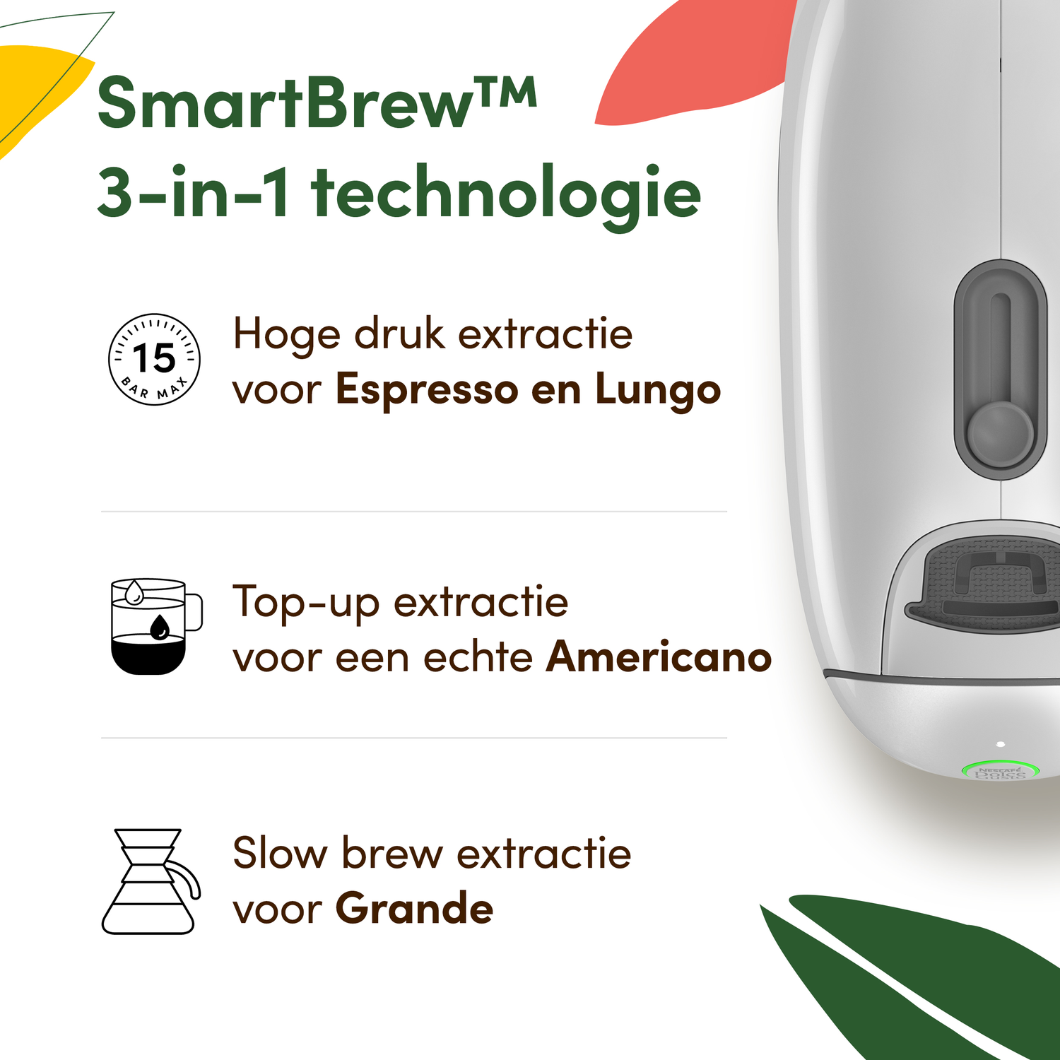 The image shows a coffee machine with text describing its 3-in-1 technology. It highlights espresso, americano, and grande options.