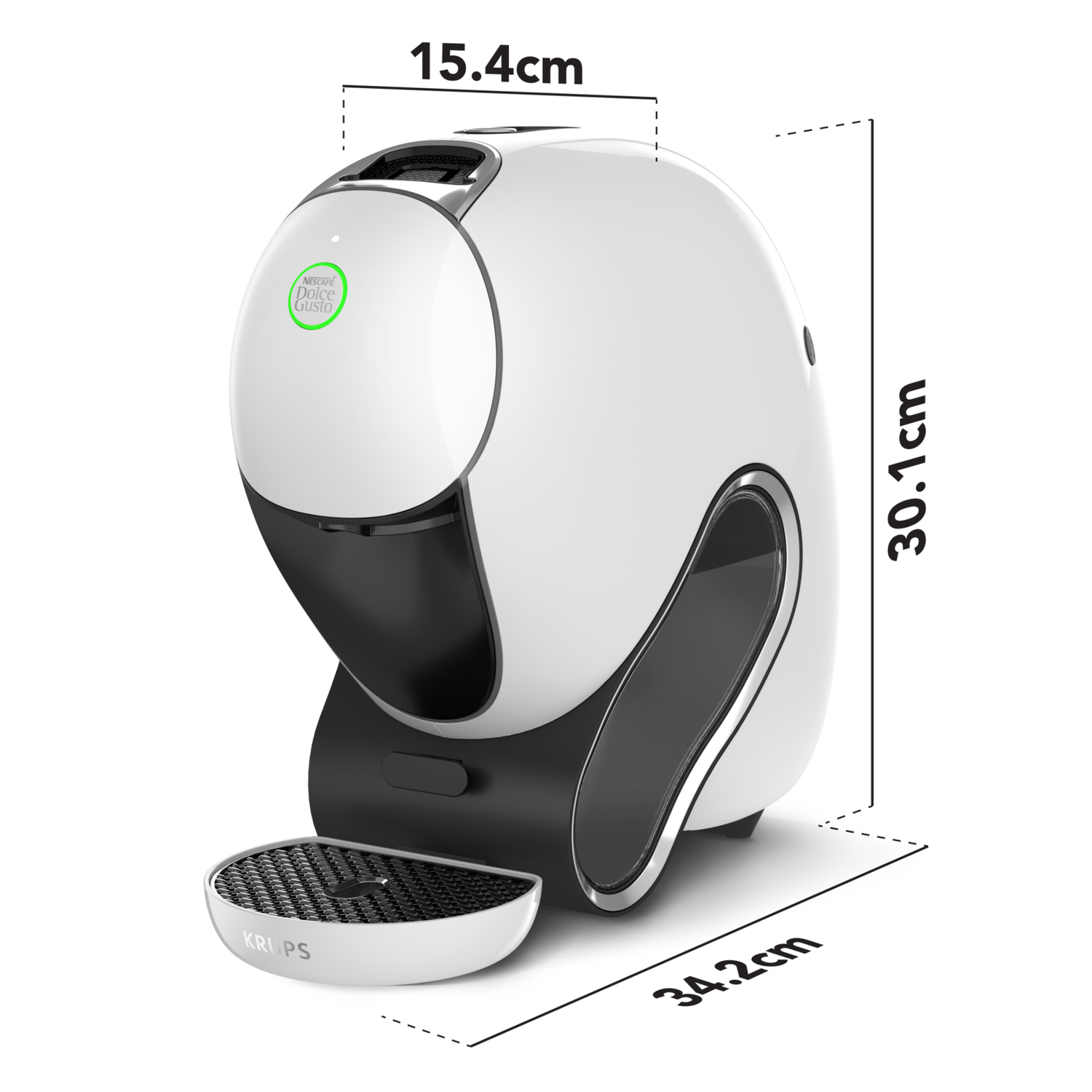 A white and black Dolce Gusto coffee machine with dimensions labeled. Has a capsule holder and a Krups logo.