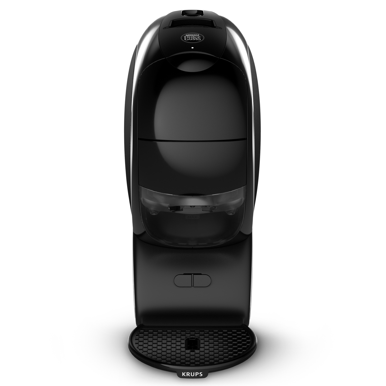 A black Krups coffee machine stands on a white surface. It has a sleek, curved design. The machine has a water reservoir.