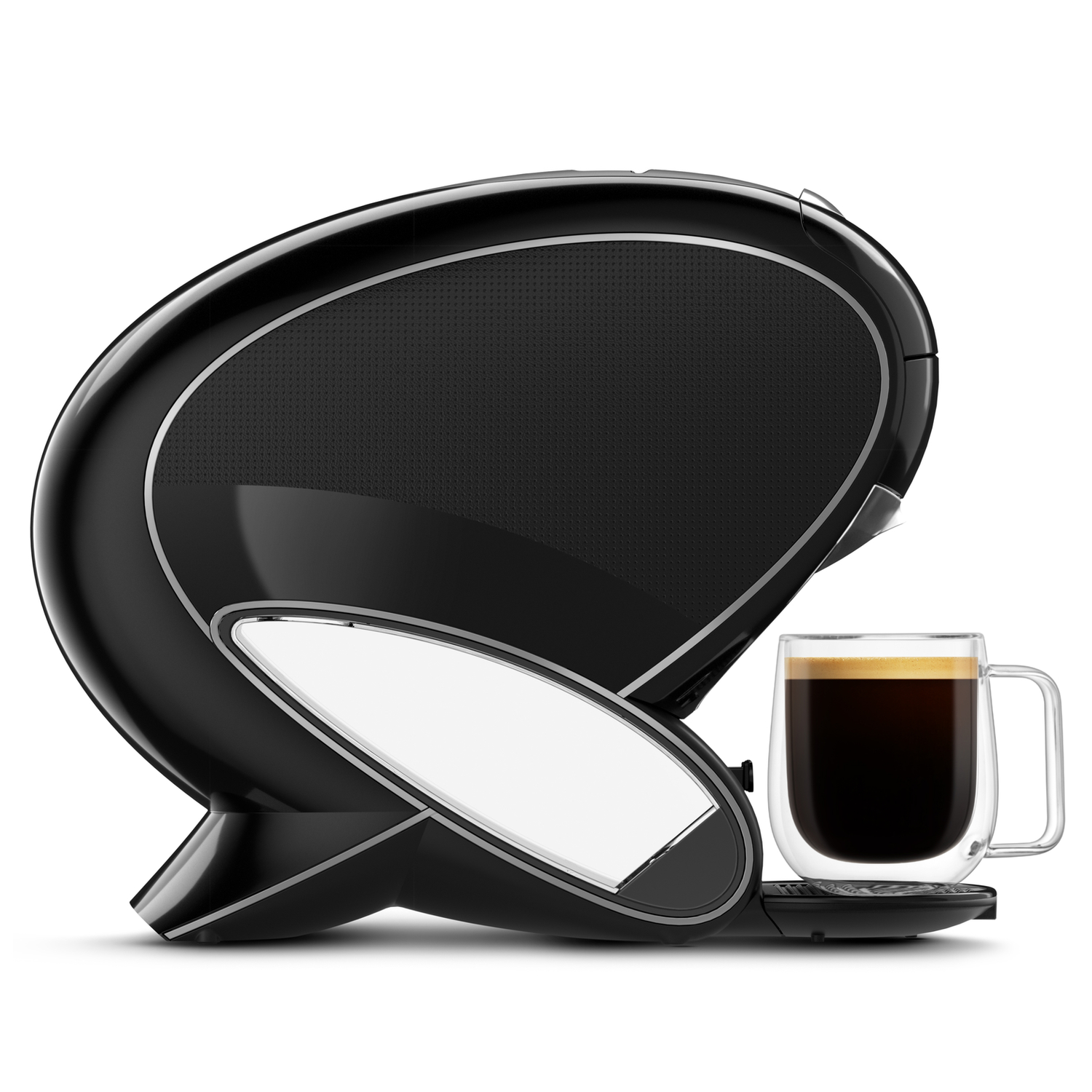 A black coffee machine with a glass cup of coffee on a white surface. The machine has a unique curved design with silver trim.