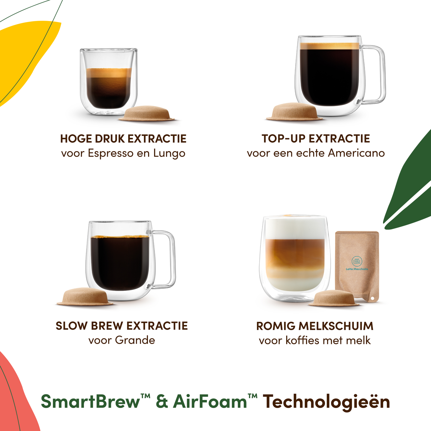 Four coffee drinks are displayed: espresso, Americano, Grande, and Latte Macchiato, each in a glass with a coffee capsule.