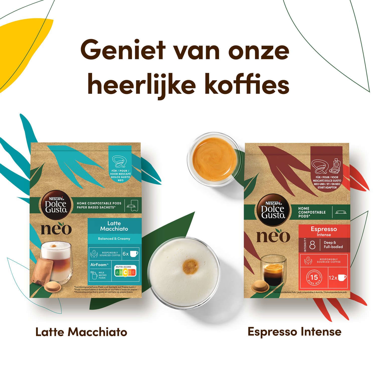 Coffee advertisement with Latte Macchiato and Espresso Intense pods, showing cups of coffee and the brand information.