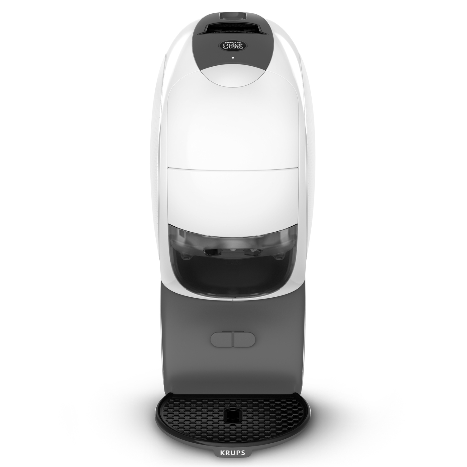 A white and gray Krups coffee machine. It has a black top with a button and a black drip tray.