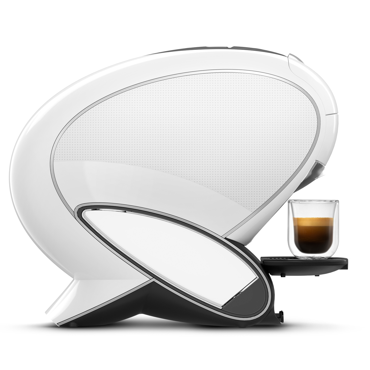 A modern white and black espresso machine with a glass of coffee on a tray. The machine has a unique design.