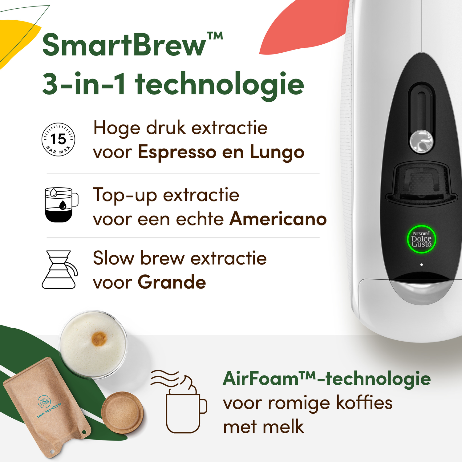 A white coffee machine with text about coffee types and features. Includes illustrations of coffee cups and capsules. A Latte Macchiato bag.
