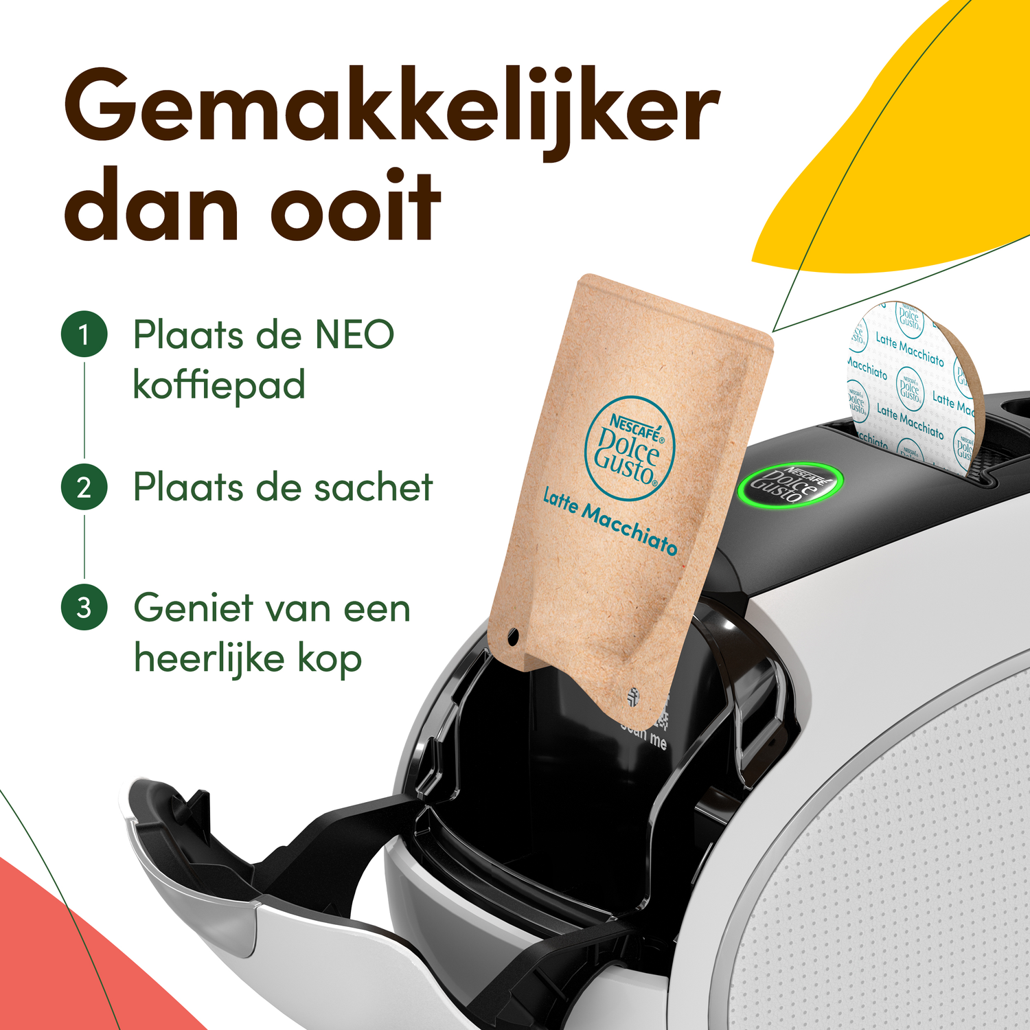 A coffee machine with a Latte Macchiato pod being inserted. Instructions are shown: place pad, sachet, and enjoy.