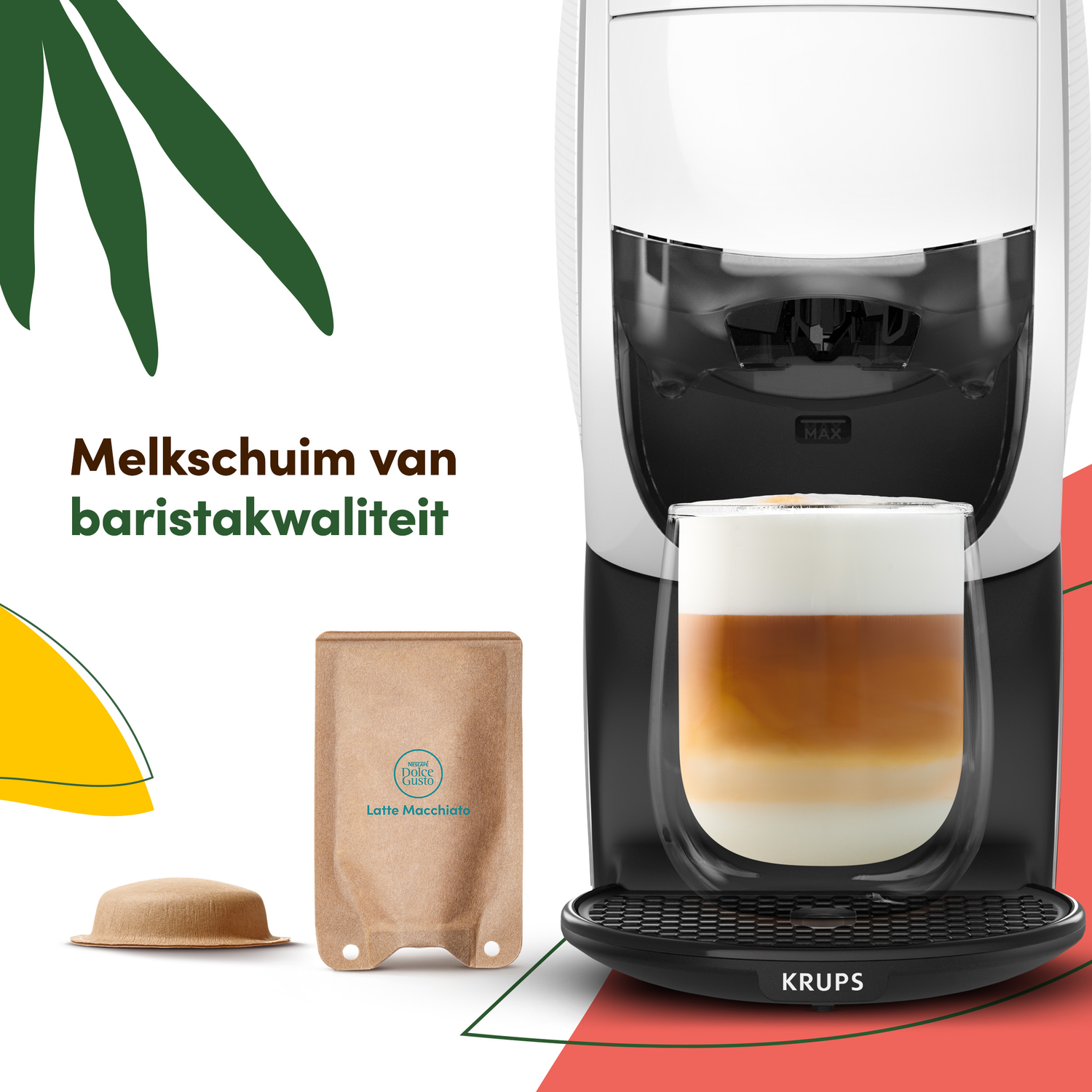 A coffee machine with a layered latte macchiato in a glass, coffee capsule, and a brown package.