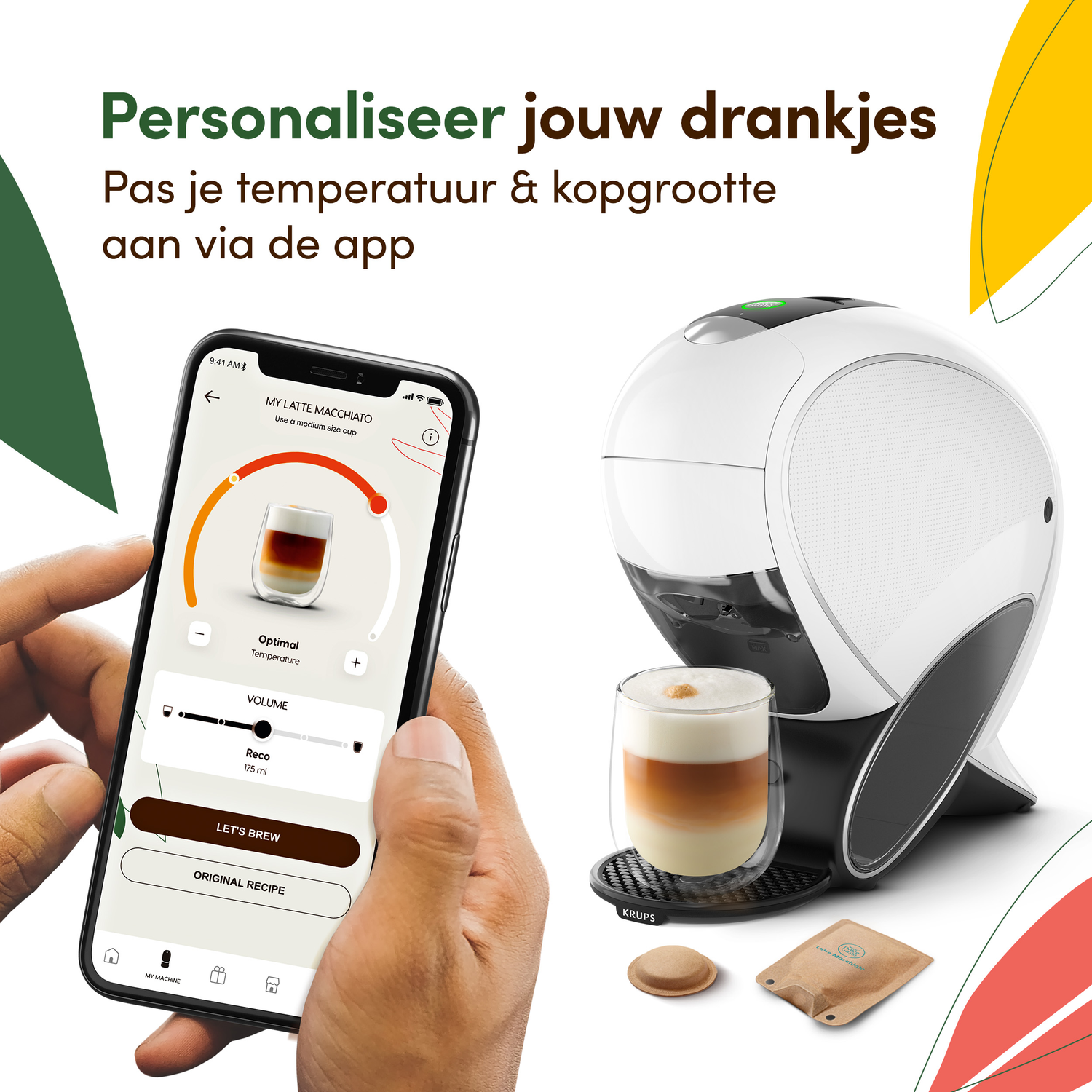 A person holding a phone shows a coffee machine and a glass of latte macchiato. The phone shows the app interface.