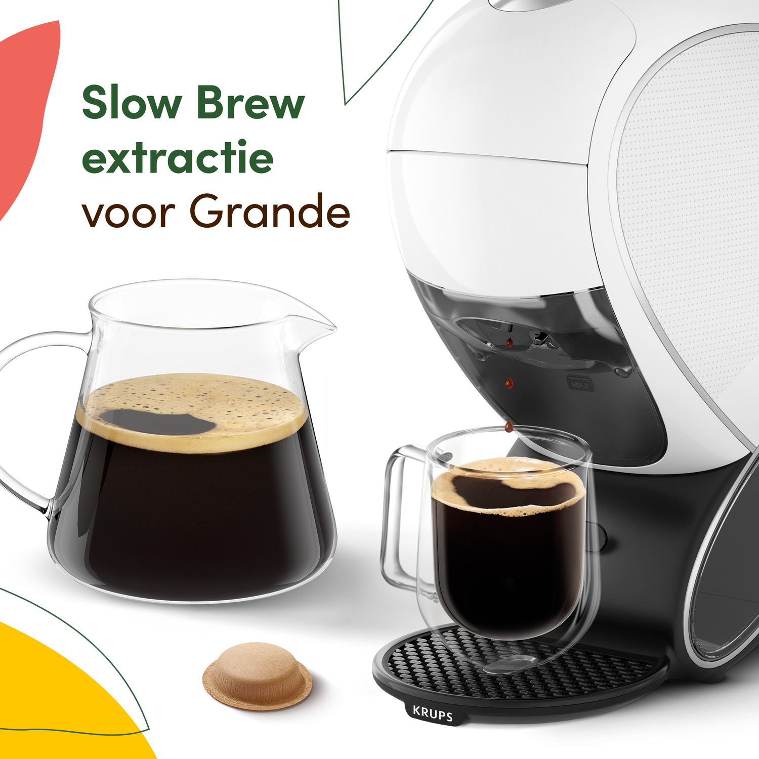 A coffee machine brews coffee into a cup. A glass jar with coffee is on the left. Coffee capsule is on the bottom.