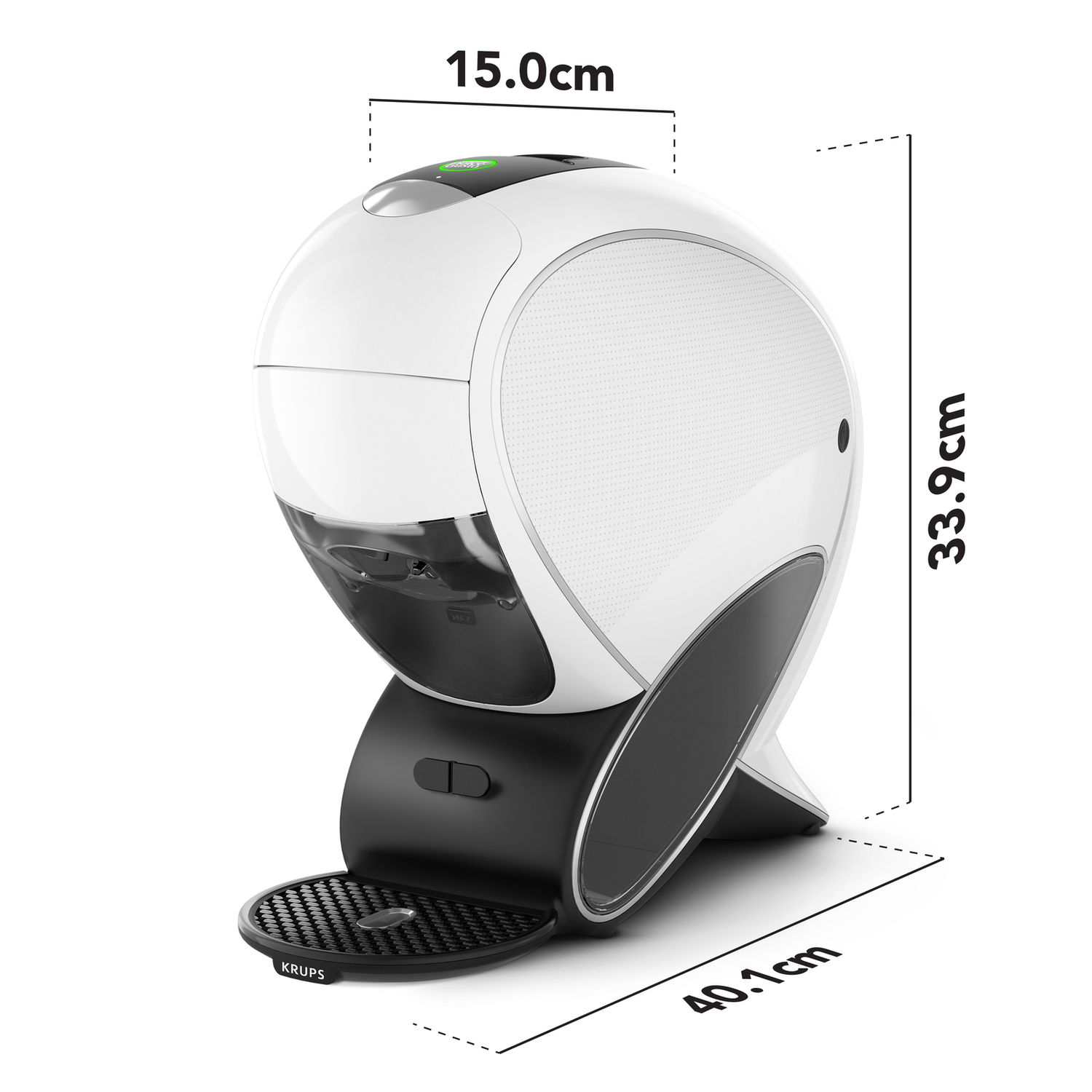 A white and black Krups coffee machine. Dimensions shown: 15.0cm wide, 33.9cm high, and 40.1cm long. Includes a drip tray.