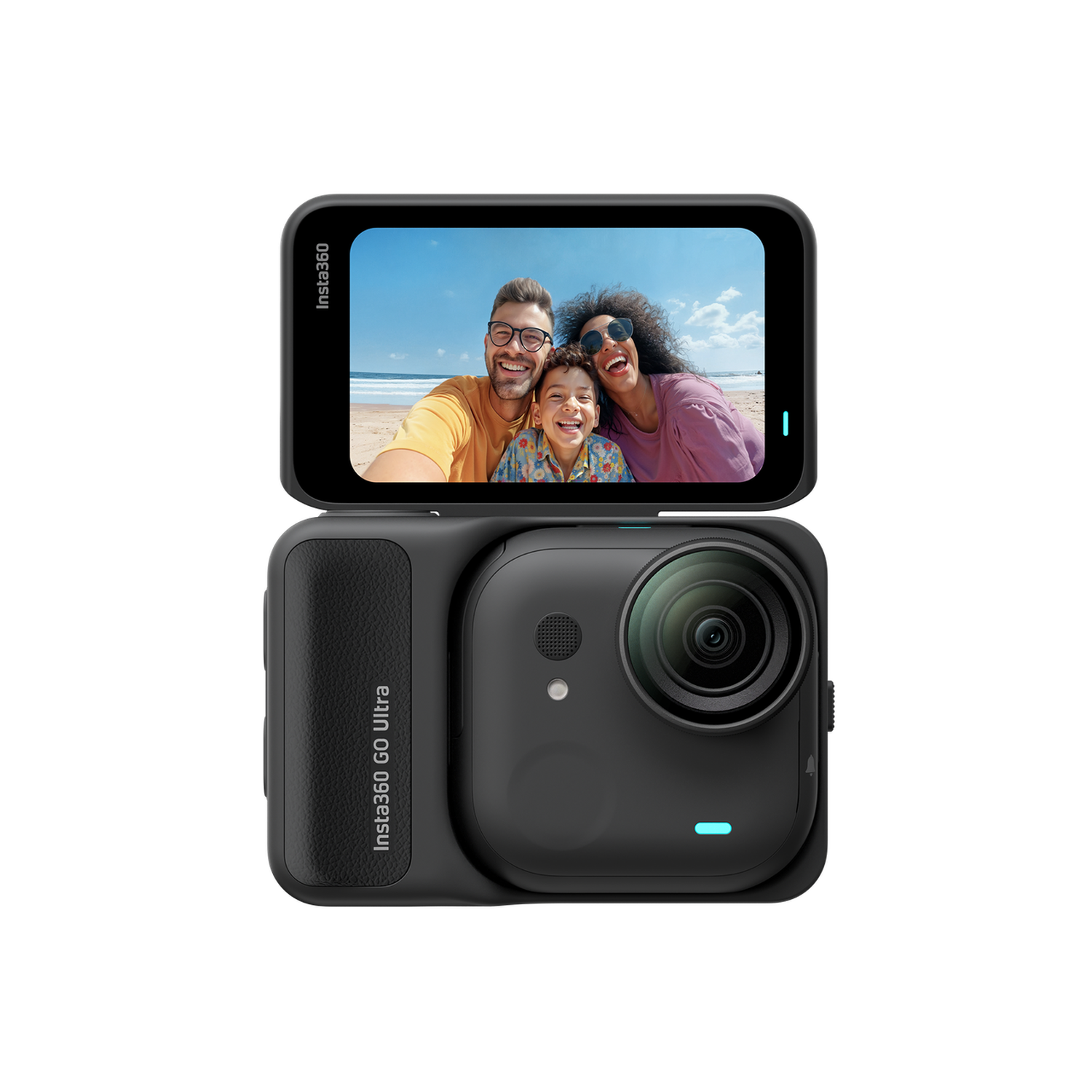 An Insta360 Go Ultra camera displays a selfie of three people at the beach. The camera is black, on a black background.