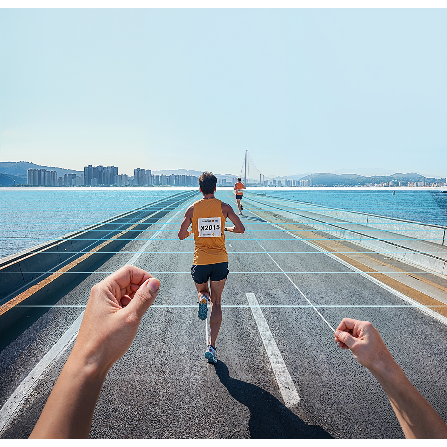 Runners on a bridge over water with a city in the background. A hand holds a string in the foreground.