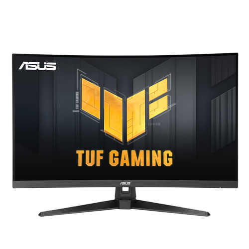 ASUS TUF Gaming Curved Monitor. Schwarzer Rahmen, schwarzer Ständer. Der Bildschirm zeigt ein gelbes Logo auf dunklem Hintergrund.