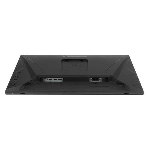 Rückansicht eines schwarzen ASUS-Monitors. Er hat Anschlüsse für HDMI, DisplayPort und Strom. Der Monitor steht vor weißem Hintergrund.