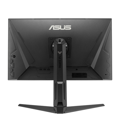 Die Rückseite eines schwarzen ASUS TUF Gaming Monitors ist sichtbar. Der Ständer hat eine V-Form. Der Monitor steht vor weißem Hintergrund.
