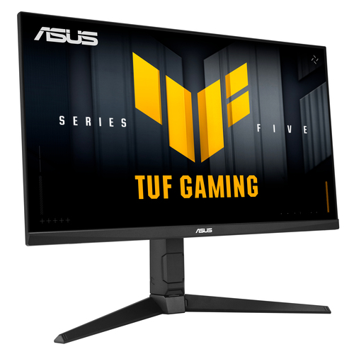 ASUS TUF Gaming Monitor. Schwarzer Rahmen, schwarzer Ständer. Der Bildschirm zeigt ein gelbes Logo und Text auf dunklem Hintergrund.