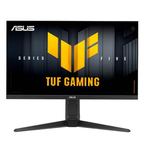 ASUS TUF Gaming Monitor. Schwarzer Rahmen, Ständer. Gelbes Logo und Text auf dem Bildschirm. Serie Fünf. Schwarzer Hintergrund.