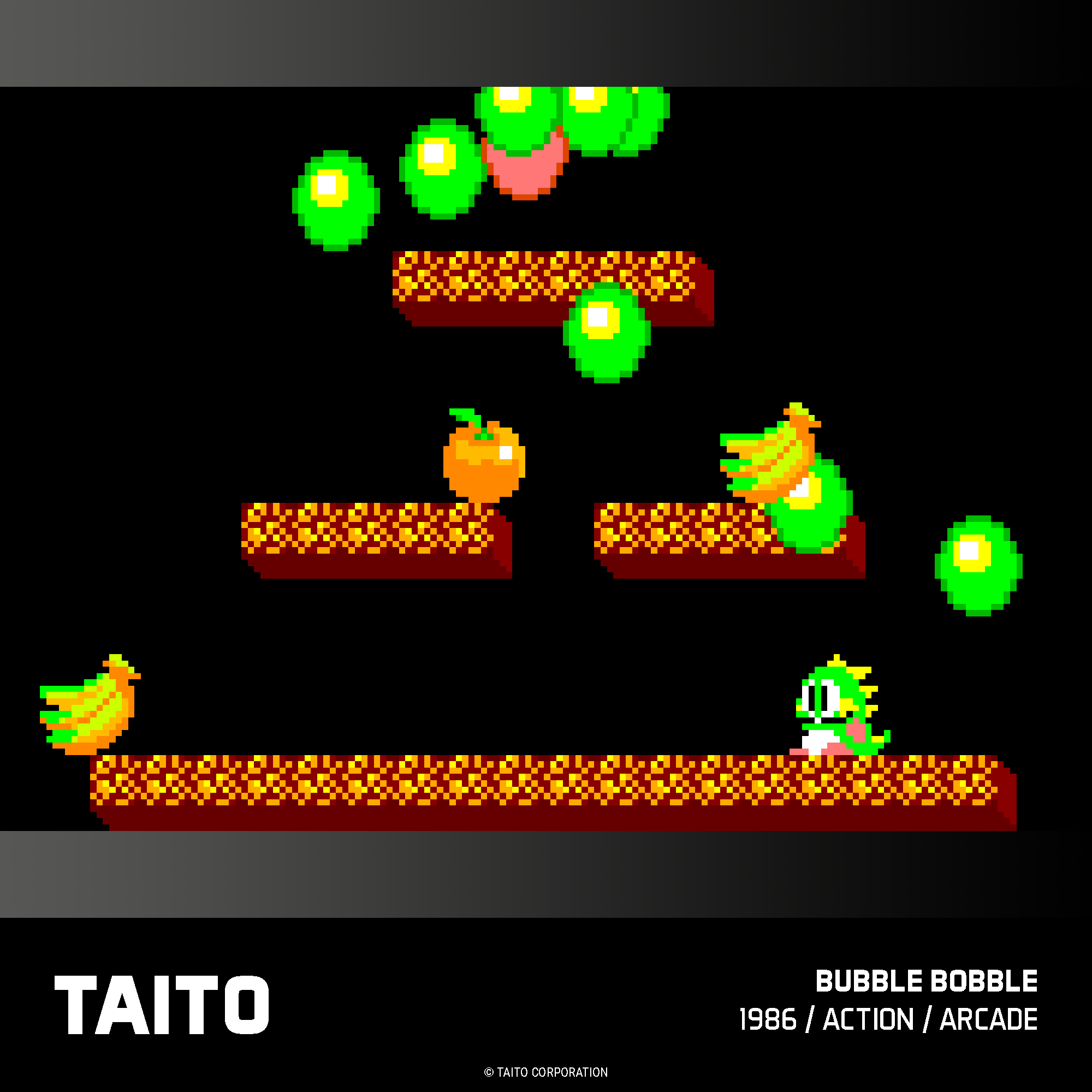 Zrzut ekranu z gry pikselowej. Zielony smok na poziomie z owocami i platformami. Tytuł: Bubble Bobble.