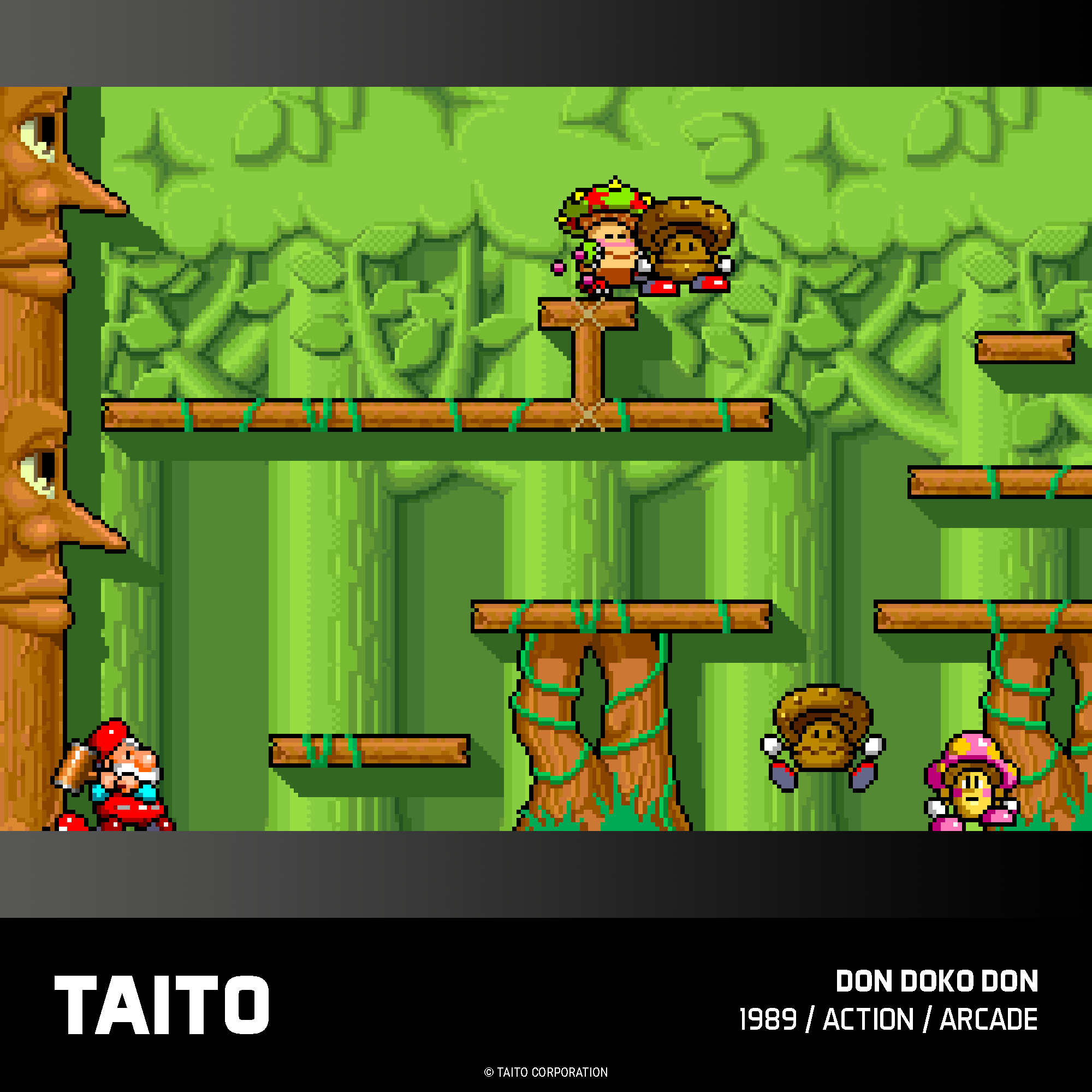 Scena gry pikseli z postaciami na platformach. Zielone tło z drzewami i drewnianą konstrukcją. Widoczne dwie postacie grzybów.