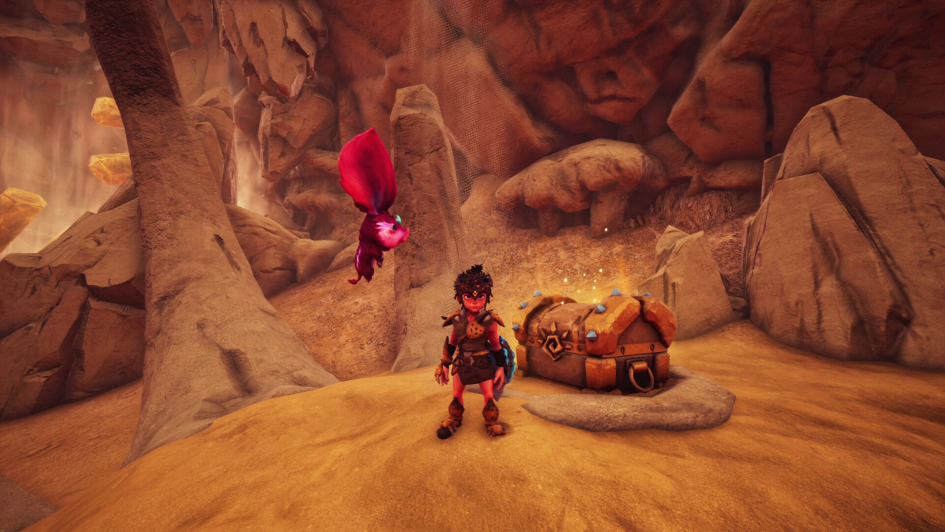 Młoda dziewczyna stoi obok skrzyni w jaskini. Pływająca istota unosi się nad nią. Scena skąpana jest w ciepłym, pomarańczowym świetle.