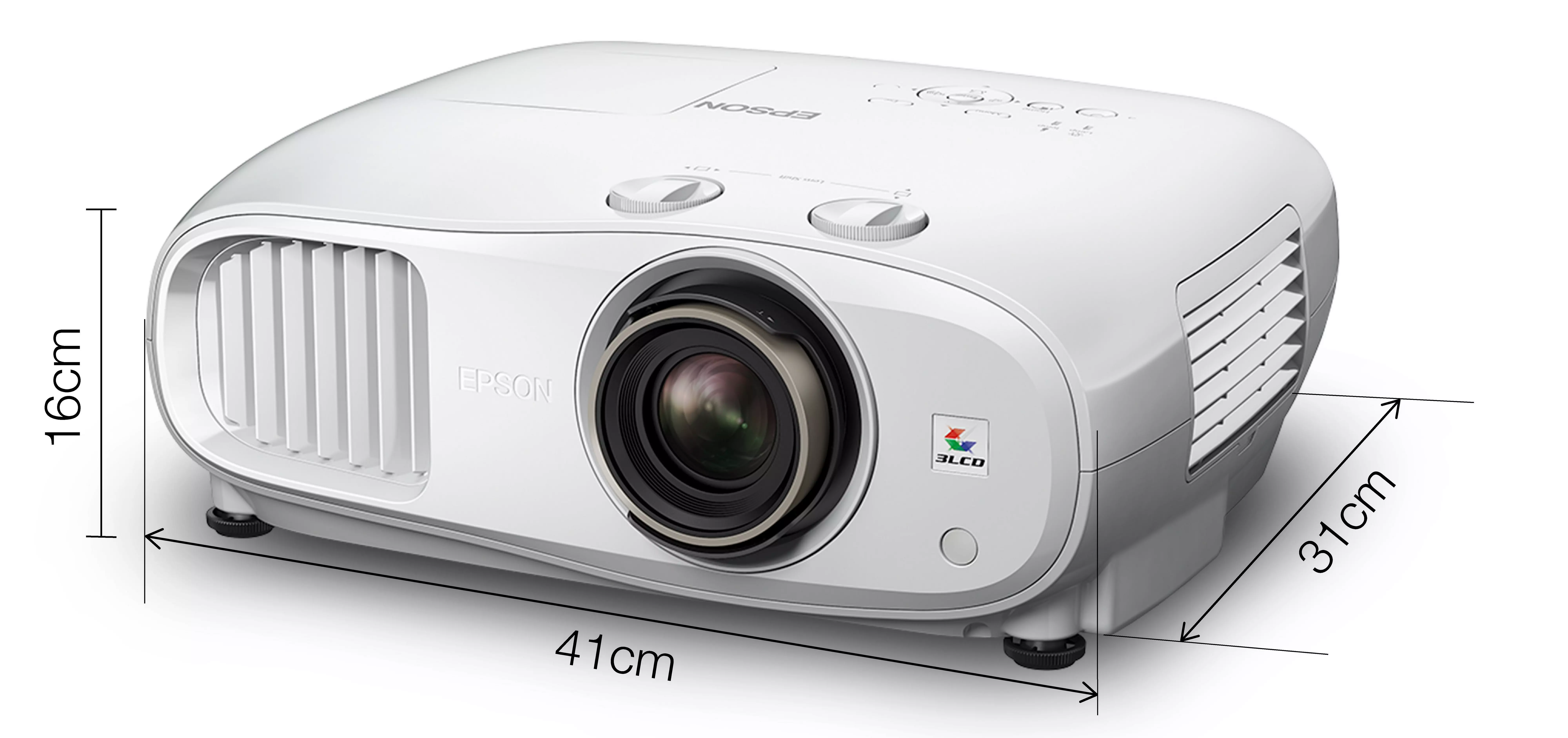 Fehér Epson projektor méretekkel. Lencse, szellőzés, gombok, Epson és 3LCD logók láthatók.