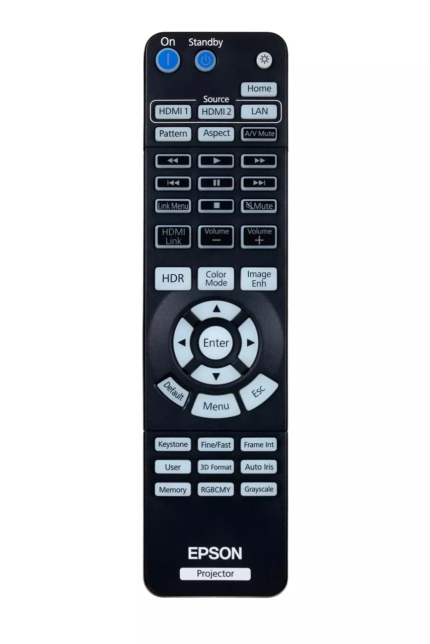 Fekete Epson projektor távirányító, bekapcsolás, HDMI, hangerő, menü és egyéb beállítások gombjaival.