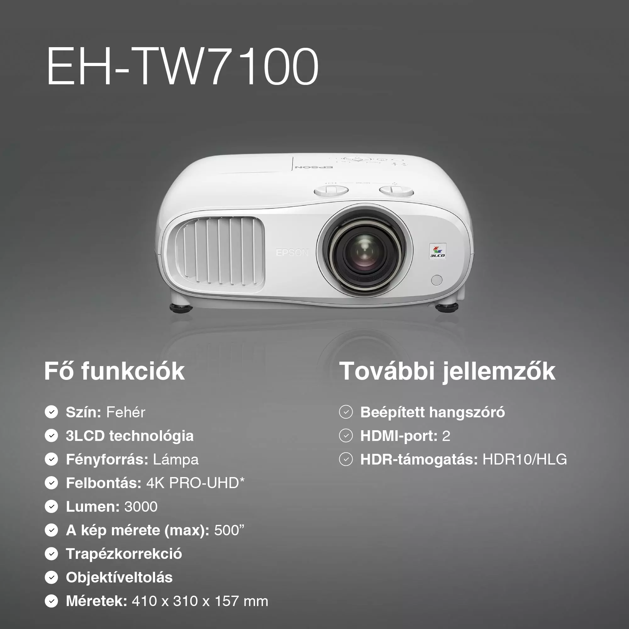 Egy fehér Epson EH-TW7100 projektor látható. A kép funkciókat és specifikációkat tartalmaz.