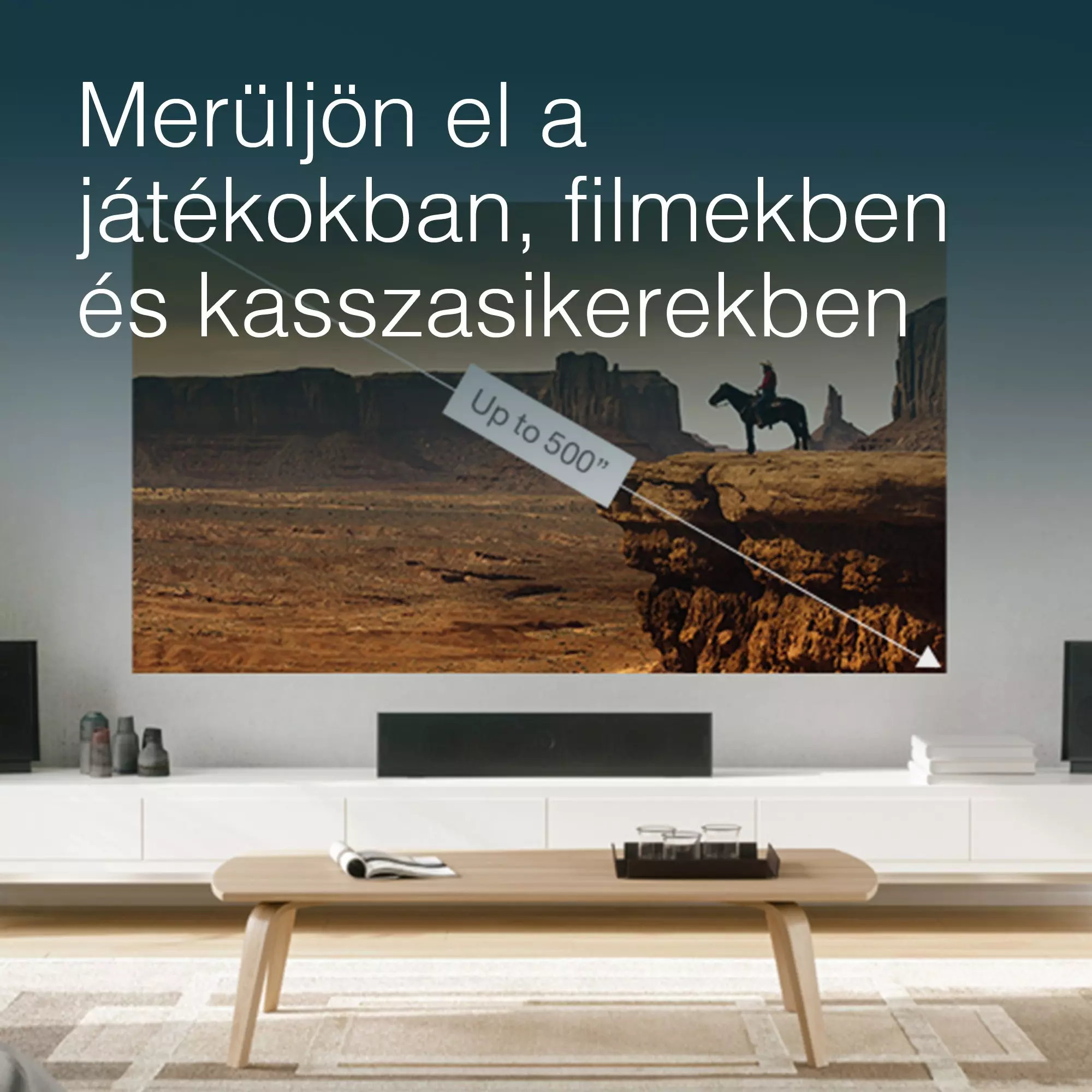 Egy cowboy lovon a sziklán. Szöveg: Merüljön el a játékokban, filmekben és kasszasikerekben. Kijelző méret: Akár 500 hüvelyk.
