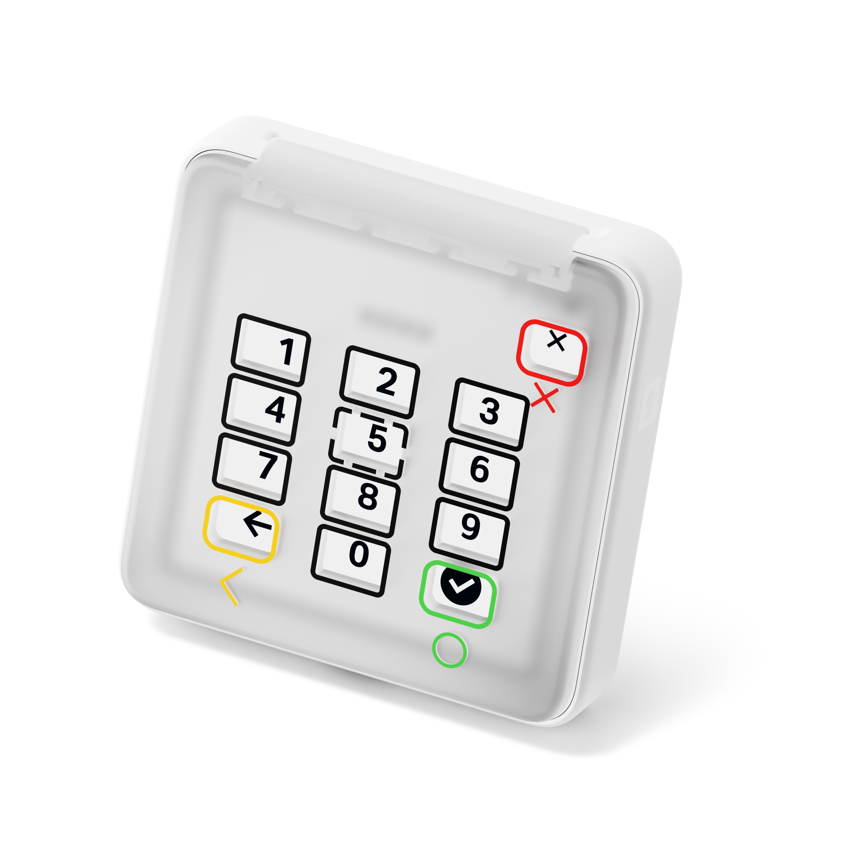 Eine weiße Tastatur mit Zahlen und Symbolen. Rote X- und grüne Häkchen-Tasten sind vorhanden. Eine gelbe Pfeiltaste ist ebenfalls sichtbar.