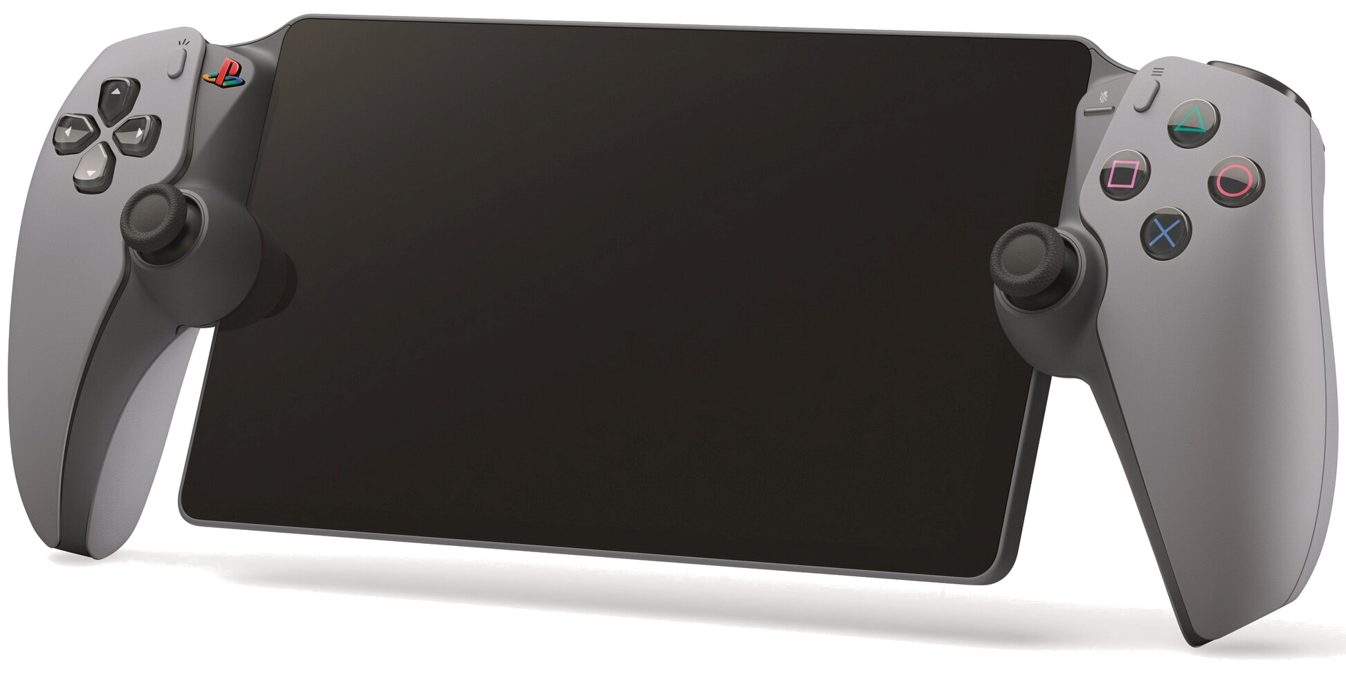 Szara konsola do gier przenośna z czarnym ekranem. Posiada dwa kontrolery z przyciskami i drążkami analogowymi oraz logo PlayStation.